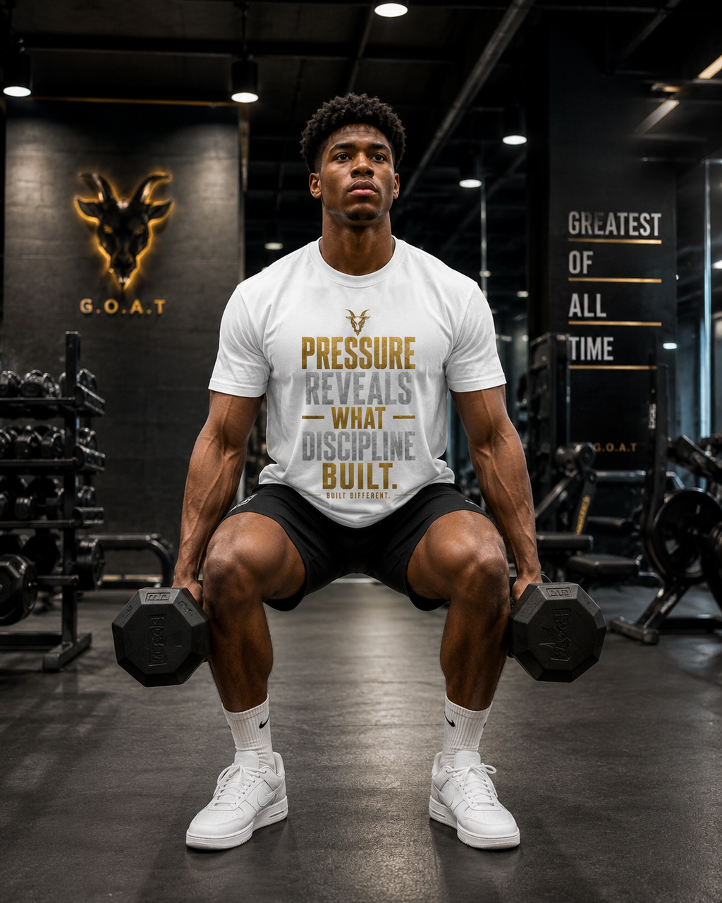 G.O.A.T. Society “Pressure Reveals What Discipline Built” Sorona Quick-Dry Cooling T-Shirt